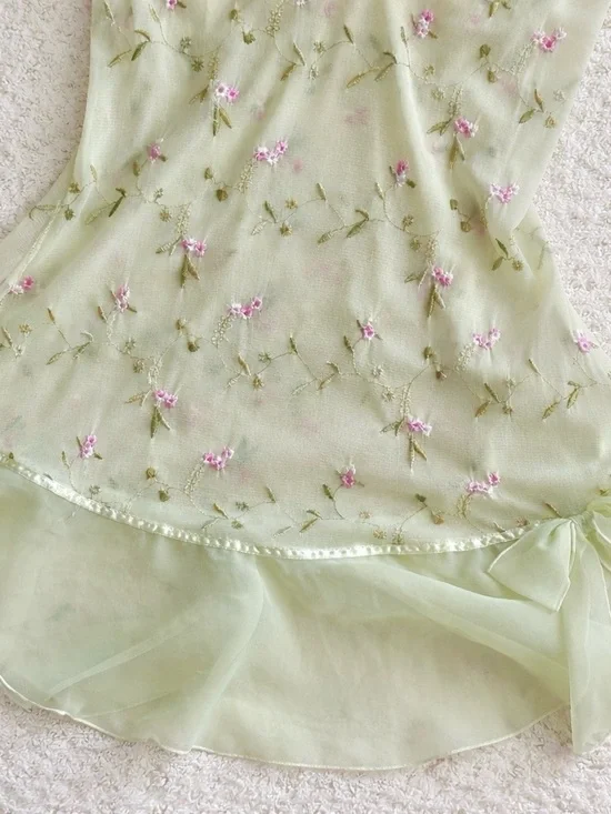 Vintage Light Green Floral Embroidered Slip Dress - Picture 4 of 5